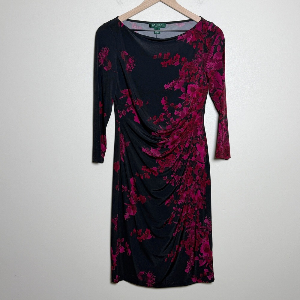 Lauren Ralph Lauren Womens Dress 6 Black Magenta Floral Ruched Sheath 3/4 Sleeve